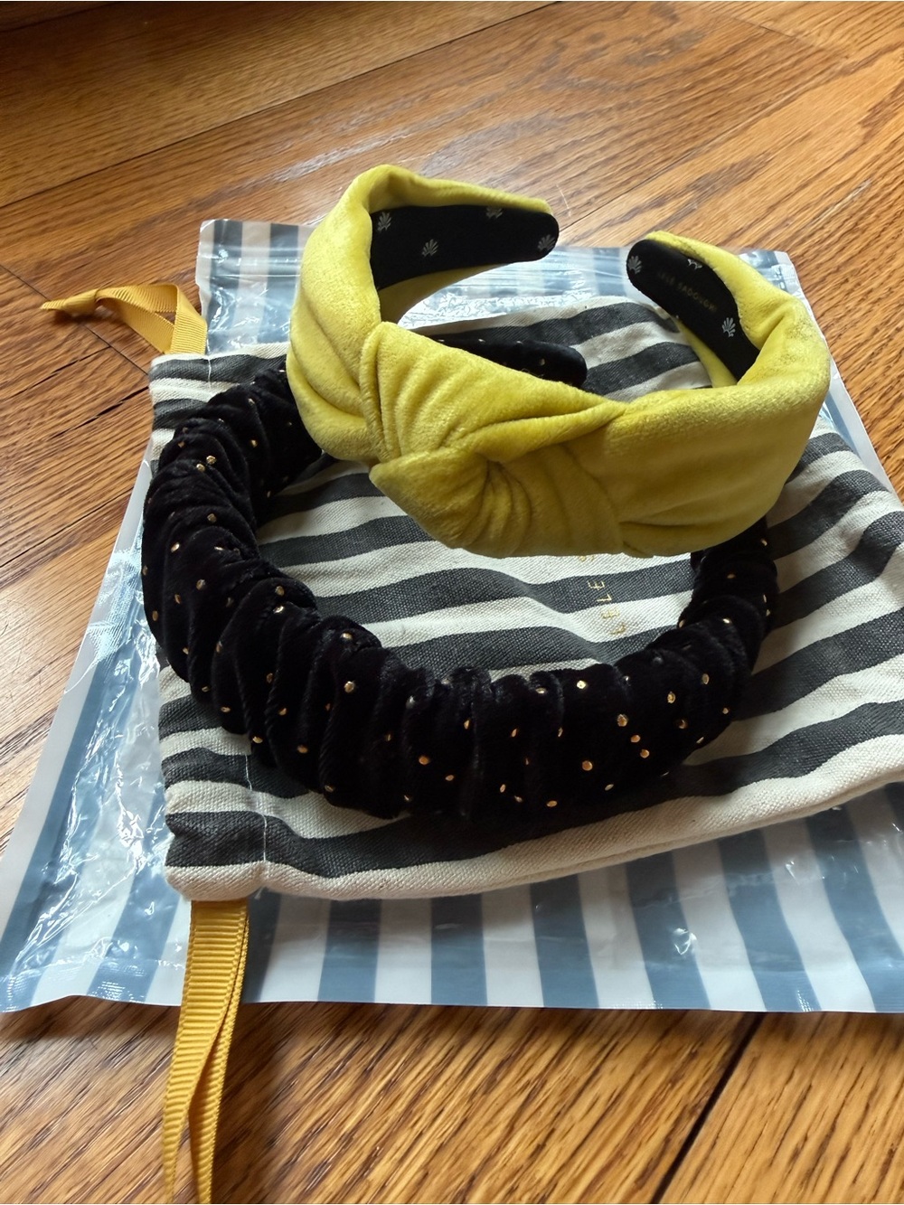 Set of two Lele Sadoughi Headbands yellow and black gold dotted velvet